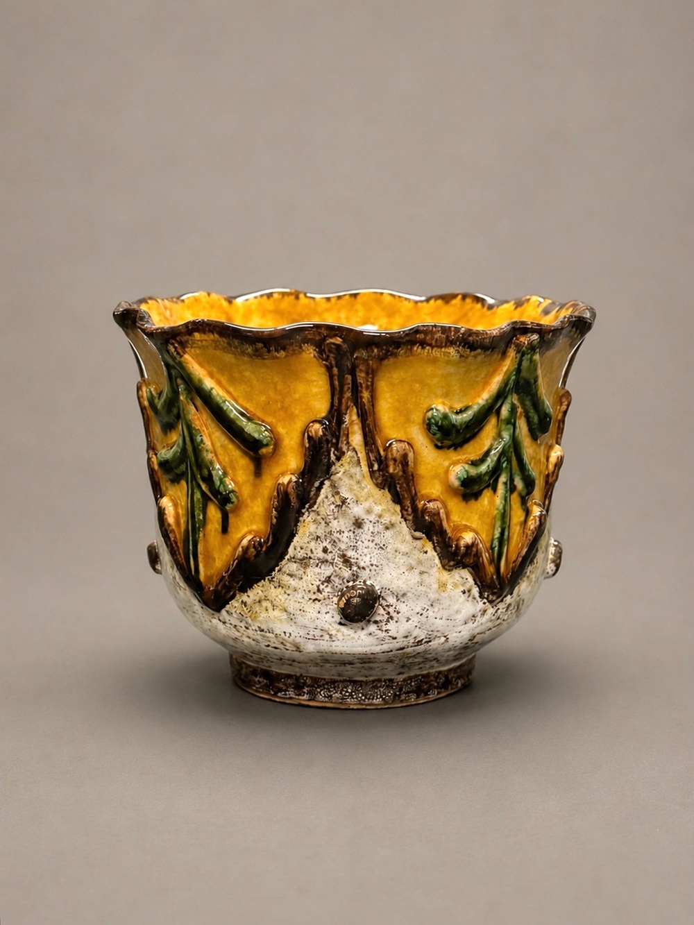 Vintage Art Pottery Planter Signed Italy Mustard Yellow Green Sculptural Ceramic